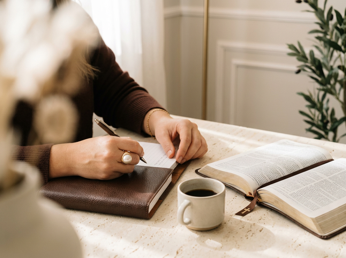 Mãos escrevendo em um caderno ao lado da Bíblia e de uma xícara de café